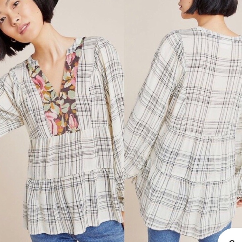 Anthropologie Darlene Plaid Peasant Blouse Top Tunic Metallic Thread Size XS - Picture 3 of 10